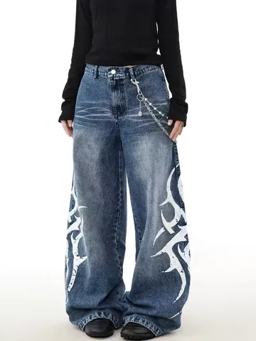 Men's Casual Loose Straight Leg Jeans American Hip Hop Style Washed Denim Pants With Tribal Print And Metal Chain