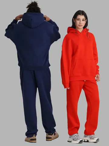 Men's Casual Fleece Lined Hooded Sweatshirt And Sweatpants Solid Color Long Sleeve Top And Bottom Winter Sportswear