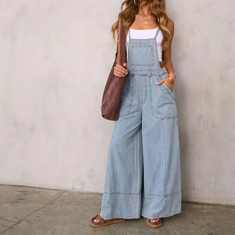 Women Casual Loose Wide Leg Denim Overalls High Waist Streetwear Pockets Long Cargo Pants