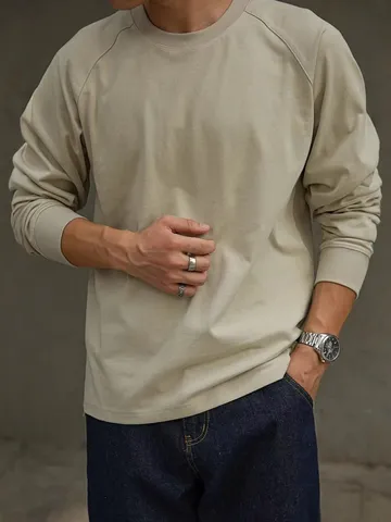 Men's American Heavyweight Pure Cotton Raglan Long Sleeve T Shirt Casual Basic Solid Color Crew Neck Loose Fit Tee Top