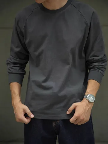 Men's American Heavyweight Pure Cotton Raglan Long Sleeve T Shirt Casual Basic Solid Color Crew Neck Loose Fit Tee Top