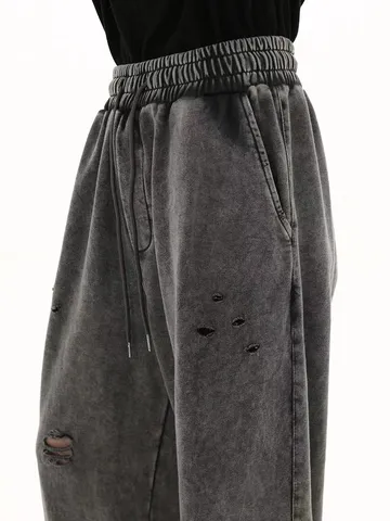 Pantalon de Jogging Casual en Mélange de Coton pour Hommes Vintage Lavé Délavé Ample Jambes Droites Survêtement Streetwear