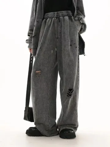 Pantalon de Jogging Casual en Mélange de Coton pour Hommes Vintage Lavé Délavé Ample Jambes Droites Survêtement Streetwear