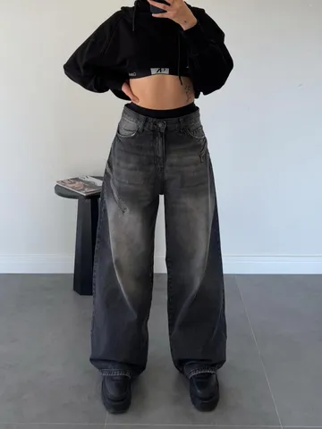 Jeans en Denim Décontracté Vintage Streetwear Ample Dégradé Effet Usé pour Femmes Pantalon Droit en Mélange de Coton