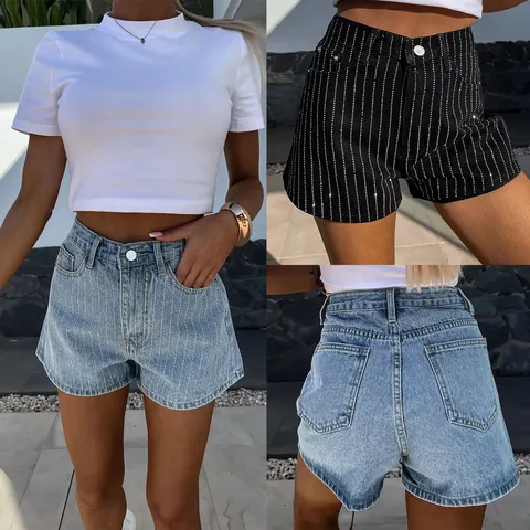 Shorts in Denim Dritti con Strass Moda da Strada Estiva da Donna Pantaloncini Casual a Vita Media Misto Cotone