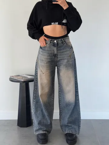Jeans en Denim Décontracté Vintage Streetwear Ample Dégradé Effet Usé pour Femmes Pantalon Droit en Mélange de Coton