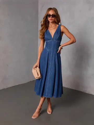Women's Sexy V-Neck Sleeveless Backless Denim Dress Slim Fit Summer Casual Streetwear Fashion Midi Dress