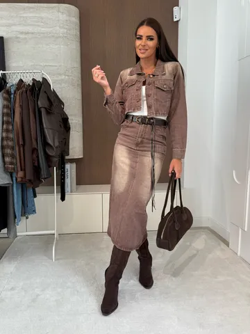 Women Fall Casual Distressed Denim Jacket And Skirt Set Vintage Long Sleeve Top Bodycon Midi Skirt Streetwear