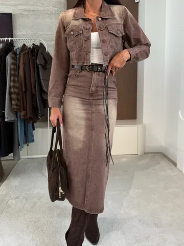 Women Fall Casual Distressed Denim Jacket And Skirt Set Vintage Long Sleeve Top Bodycon Midi Skirt Streetwear