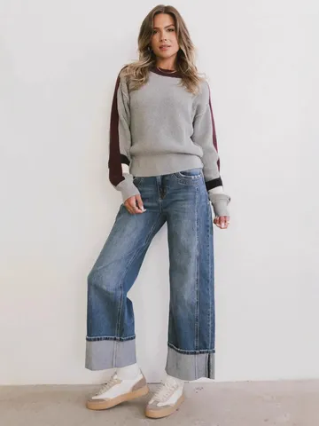 Pantalon en Denim Ample Jambe Droite Décontracté pour Femmes Taille Mi-Haute Jean Bleu Lavé Avec Poche Mode Streetwear