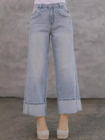 Pantalon en Denim Ample Jambe Droite Décontracté pour Femmes Taille Mi-Haute Jean Bleu Lavé Avec Poche Mode Streetwear