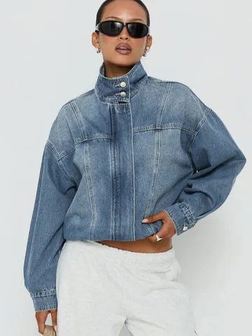 Dames Retro Opstaande Kraag Denim Jas Vintage Gewassen Lange Mouw Casual Bovenkleding Korte Mantel