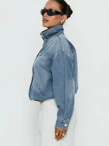 Dames Retro Opstaande Kraag Denim Jas Vintage Gewassen Lange Mouw Casual Bovenkleding Korte Mantel