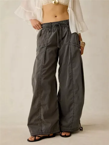 Pantalon Cargo Large pour Femme en Denim de Coton Streetwear Coupe Large Décontracté Lavé Multi-Poches Hip Hop Mode