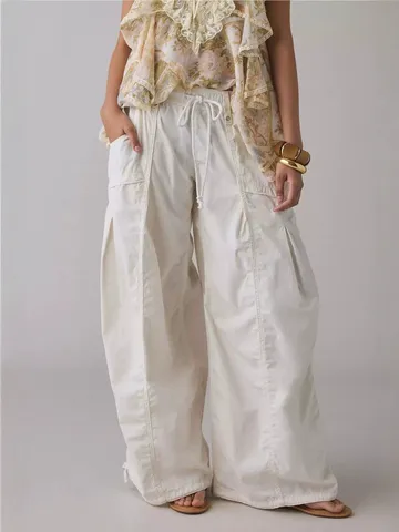Pantalon Cargo Large pour Femme en Denim de Coton Streetwear Coupe Large Décontracté Lavé Multi-Poches Hip Hop Mode