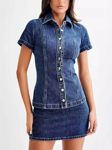 Women's Casual Denim Short Sleeve Shirt And High Waist Mini Skirt Set Summer Fashion Lapel Button Two Piece Outfit