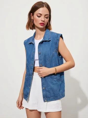 Women Casual Denim Vest Vintage Loose Sleeveless Jacket Lapel Single Breasted Outerwear Streetwear Fashion