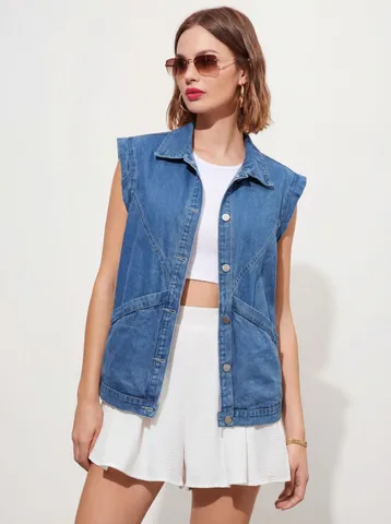 Women Casual Denim Vest Vintage Loose Sleeveless Jacket Lapel Single Breasted Outerwear Streetwear Fashion