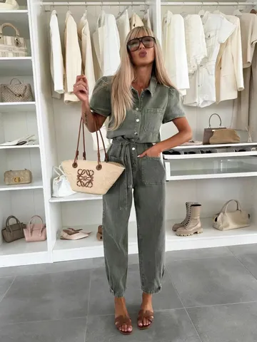 Combinaison en Denim Lavé Casual pour Femmes Revers Manches Mi-Longues Pantalon Long Ample Mode Streetwear