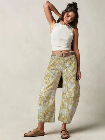 Jeans Décontractés Larges Taille Moyenne Barrel Leg pour Femmes Denim Coton Imprimé Lavé Pantalons Femmes Bottom Streetwear