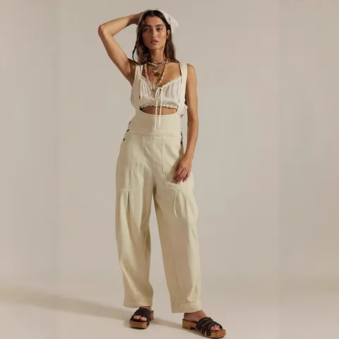 Women's Casual Loose Side Pocket Denim Overalls Vintage High Waist Straight Leg Jumpsuit Streetwear Fashion Pants