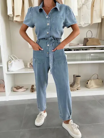 Combinaison en Denim Lavé Casual pour Femmes Revers Manches Mi-Longues Pantalon Long Ample Mode Streetwear