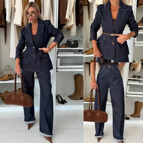 Costume en Denim Décontracté pour Femmes Veste et Pantalon Jambes Larges Ensemble Haut et Bas Manches Longues Revers Couleur Unie Coton Polyester