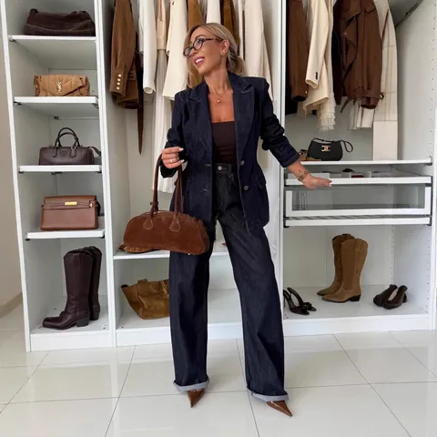 Costume en Denim Décontracté pour Femmes Veste et Pantalon Jambes Larges Ensemble Haut et Bas Manches Longues Revers Couleur Unie Coton Polyester