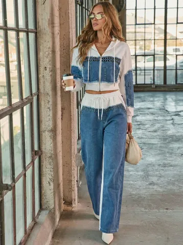 Femme Mode Patchwork Perlé Denim Ensemble Décontracté Manches Longues Sweat à Capuche Et Pantalon Jambes Larges Tenue Deux Pièces