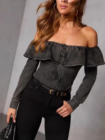 Women's Vintage Slim Fit Ruffle Off-The-Shoulder Denim Blouse Long Sleeve Solid Color Single-Breasted Casual Top