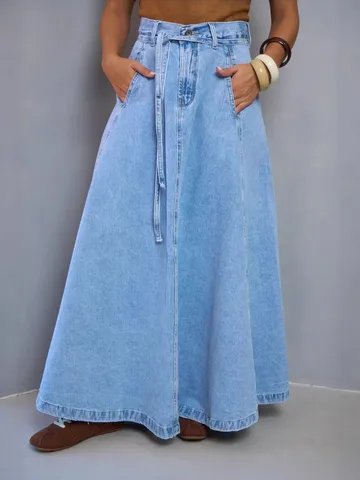 Women Casual High Waist Denim Maxi Skirt Solid Color Washed A-Line Long Skirt Streetwear Fashion Denim Bottoms