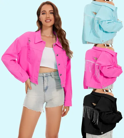 Damen Casual Destroyed Denim Jacke Langarm Umlegekragen Strass Quasten Kurze Jeans Oberbekleidung
