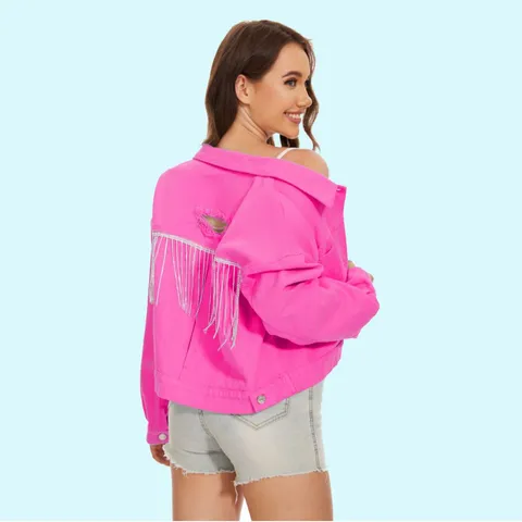 Damen Casual Destroyed Denim Jacke Langarm Umlegekragen Strass Quasten Kurze Jeans Oberbekleidung