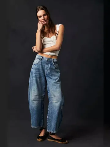 Jeans en Denim Décontractés pour Femmes Jambe Tonneau Taille Moyenne Coupe Ample Pantalons Jambe Tonneau Vintage Lavé Imprimé Léopard Paisley