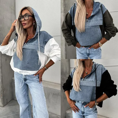 Sweat à Capuche en Denim Délavé Patchwork Oversize pour Femmes Décontracté Manches Longues Color Block Streetwear Top pour Femmes