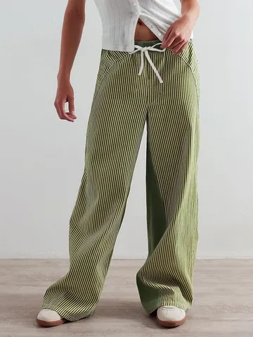 Women Patchwork Striped Wide Leg Denim Jeans Loose High Waist Elastic Waistband Straight Leg Casual Pants Spring Autumn Streetwear Fashion Trousers
