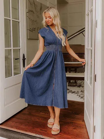 Robe en Denim Casual Vintage Français pour Femmes Été Nouveau Haut de Gamme Col V Manches Courtes Taille Haute Ligne A Midi