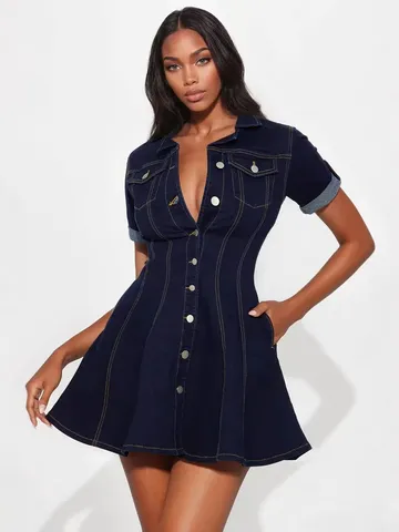 Robe en Denim Femme Casual Coton Polyester Lavé Boutonnée Manches Courtes Col Rabattu Taille Ajustée Robe Courte Trapèze