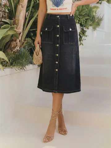 High Waisted Single Breasted Denim Midi Skirt For Women Vintage Washed Split Bodycon A-Line Jean Skirt Casual Streetwear Bottom