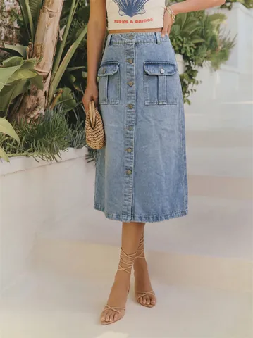 High Waisted Single Breasted Denim Midi Skirt For Women Vintage Washed Split Bodycon A-Line Jean Skirt Casual Streetwear Bottom