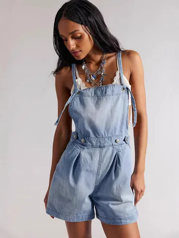 Salopette di Jeans da Donna Casual Pantaloncini Larghi Lavaggio ad Acqua Jumpsuit Romper Moda Estiva Streetwear Cotone