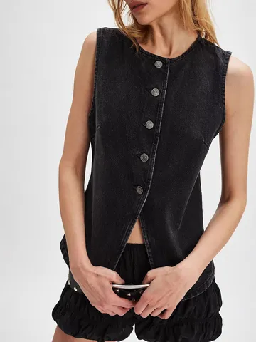 Gilet en Denim pour Femme Veste sans Manches Boutonnée Coupe Ajustée Haut en Jean Délavé Mode Streetwear