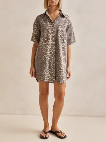 Ensemble Veste Chemise en Denim Imprimé Léopard Pour Femme Et Pantalon Robe Rétro Revers Ample Décontracté Streetwear Printemps Été