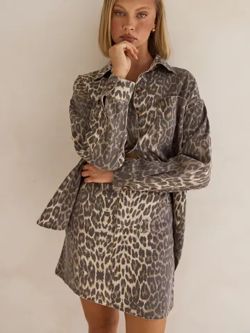 Ensemble Veste Chemise en Denim Imprimé Léopard Pour Femme Et Pantalon Robe Rétro Revers Ample Décontracté Streetwear Printemps Été