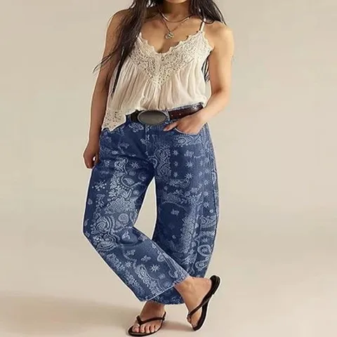Pantalon en Denim Jambe Droite Taille Moyenne Décontracté pour Femmes Coton Imprimé Paisley Rayé Rétro Streetwear Jeans