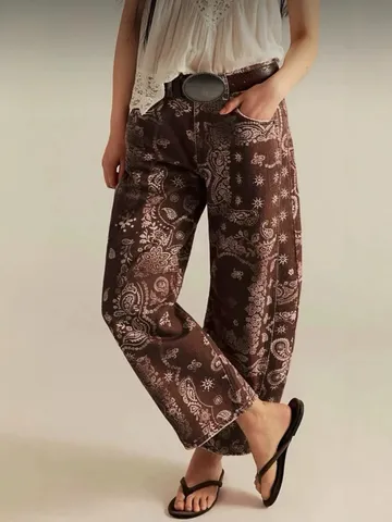 Pantalon en Denim Jambe Droite Taille Moyenne Décontracté pour Femmes Coton Imprimé Paisley Rayé Rétro Streetwear Jeans