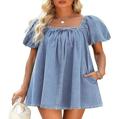 Robe Mini en Denim pour Femmes Col Carré Manches Bouffantes À Lacets Ample en Coton Polyester Couleur Unie Robe Été
