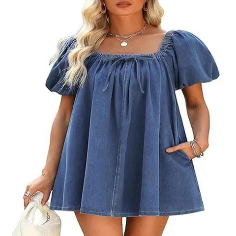Robe Mini en Denim pour Femmes Col Carré Manches Bouffantes À Lacets Ample en Coton Polyester Couleur Unie Robe Été