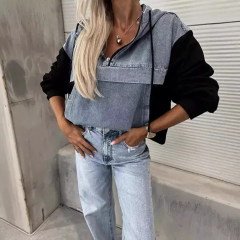 Sweat à Capuche en Denim Délavé Patchwork Oversize pour Femmes Décontracté Manches Longues Color Block Streetwear Top pour Femmes
