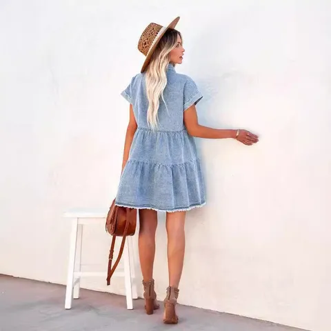 Women Denim Shirt Dress Short Sleeve Lapel Button Down Tiered Skirt Loose Washed Denim Midi Dress With Pockets Casual Streetwear